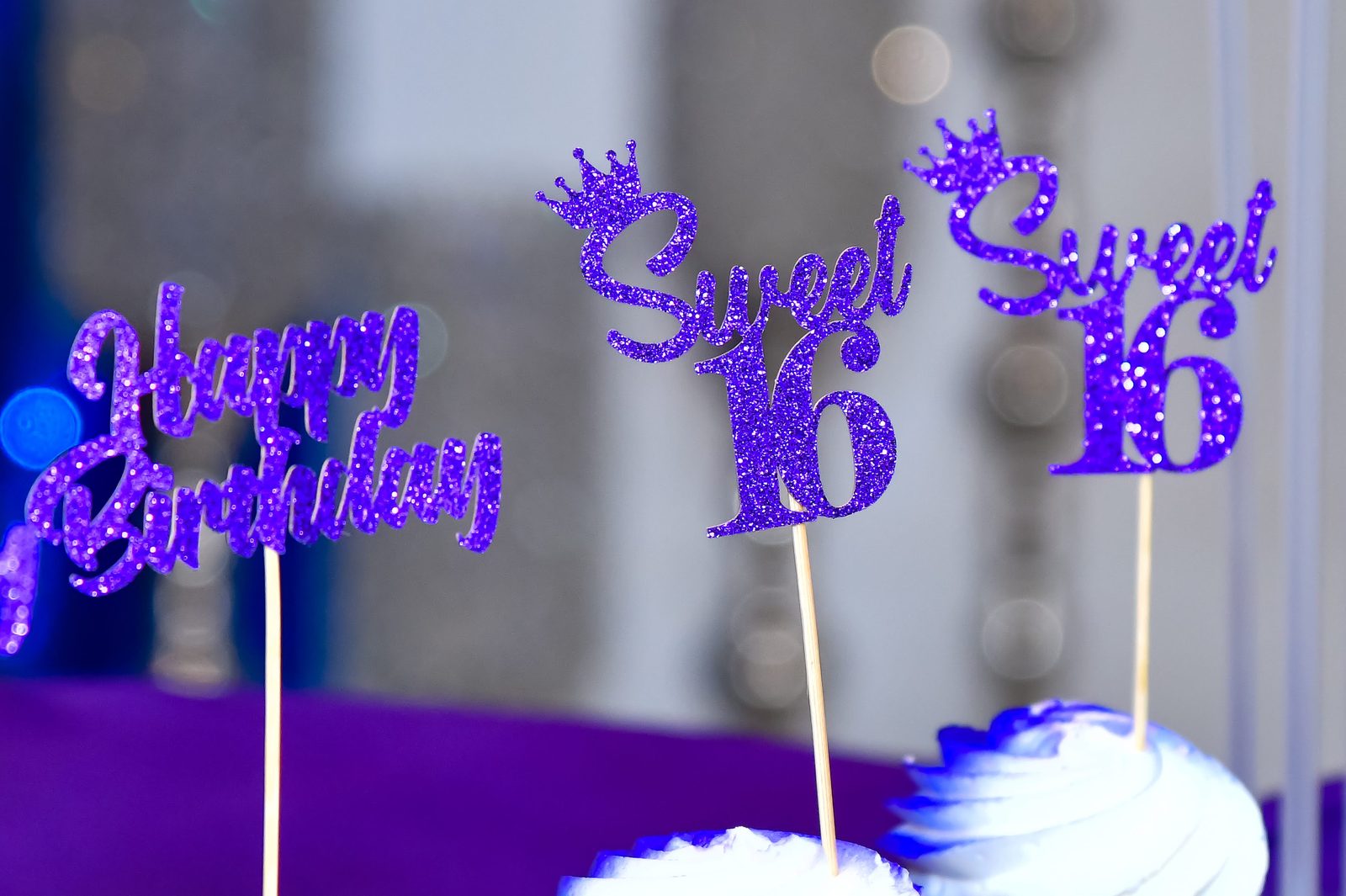 Purple glitter Happy Birthday and Sweet 16 cupcake toppers
