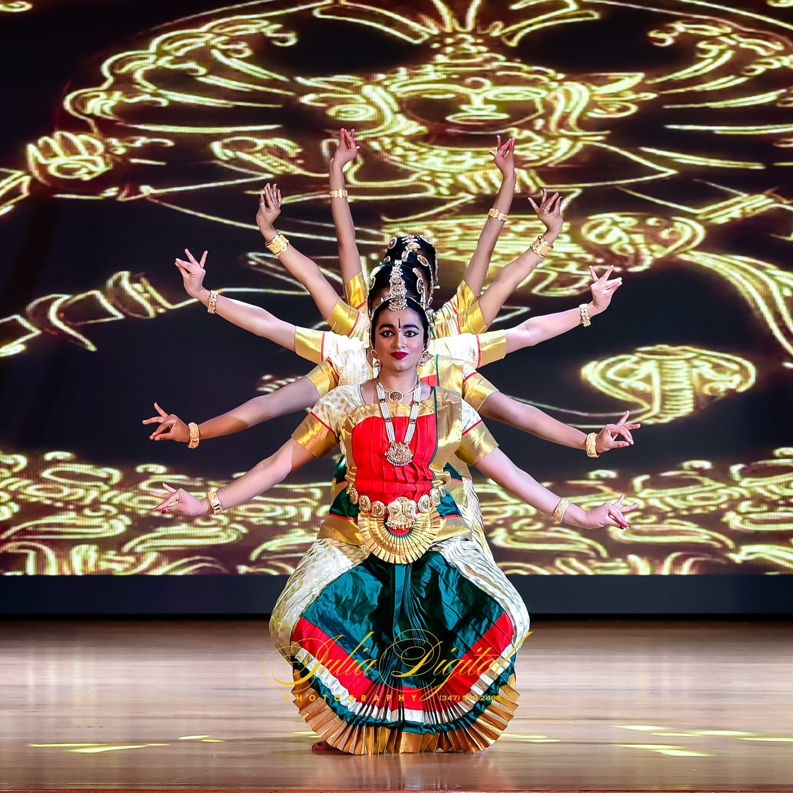 Dancers lined up behind a soloist on stage to form many arms